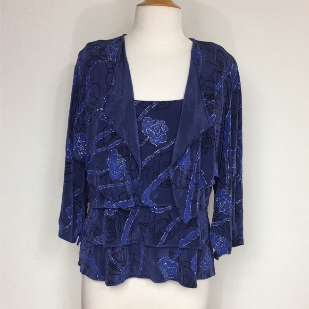 Alex Evenings Women Blue Metallic Floral Tiered Tank Top Cardigan Set Size Large